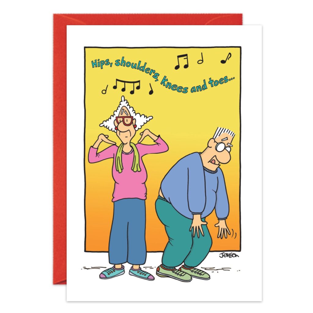A cheerful Get Well Card titled "9236.jpg" features a cartoon elderly couple dancing under music notes, with the woman touching her shoulders, the man his knees, and “Hips, Shoulders, Knees And Toes…” on a yellow-orange background.