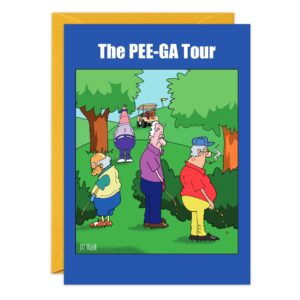 Funny cartoon birthday card (9237.jpg) showing four older men peeing in a line on a golf course with trees, a golf cart, and the caption "The PEE-GA Tour." Ideal for anyone who loves golf and has a great sense of humor!.