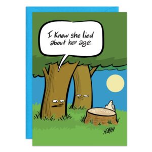 Card 9242.jpg features two cartoon trees with faces looking at a tree stump. One tree says, "I knew she lied about her age," joking about hidden rings. The scene includes grass, a blue sky, and a glowing full moon.