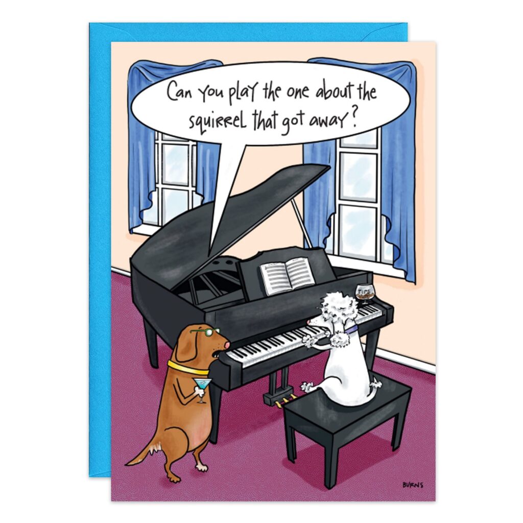 A dog holding a drink asks a white poodle at the piano, “Can you play the one about the squirrel that got away?”—a scene from 9253.jpg, with blue curtains framing their cozy room and sheet music open on the grand piano.