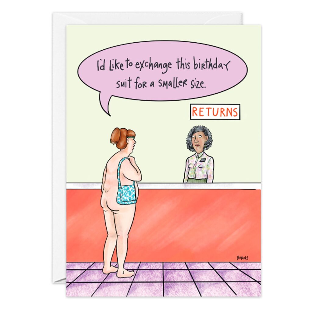 A nude woman with a ponytail and a blue purse stands at the returns counter beneath a RETURNS sign, telling the clerk, "I'd like to use this Birthday Suit Exchange Card for a smaller size." Product Name: 9255.jpg.