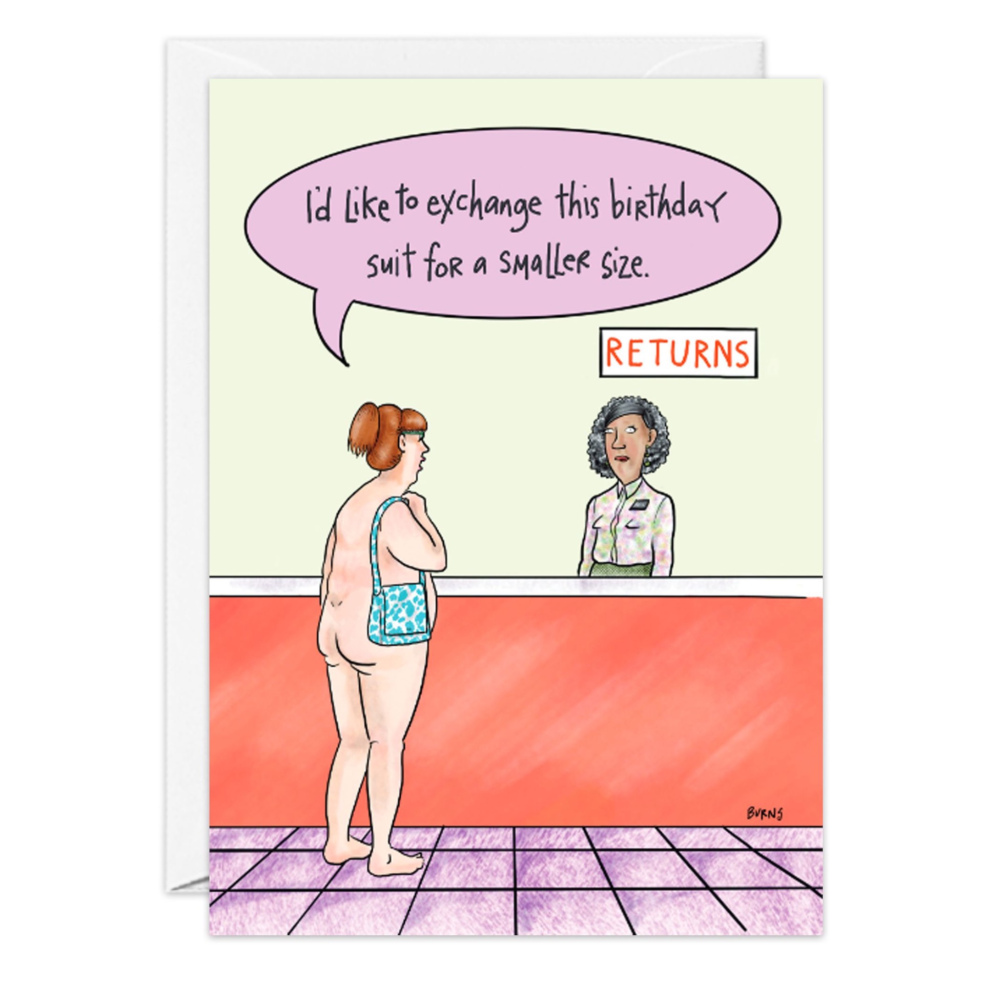 In 9255.jpg, a naked woman with a handbag stands at a returns counter under a RETURNS sign, asking to exchange her birthday suit for a smaller size and if Birthday Suit Exchange Cards are accepted.