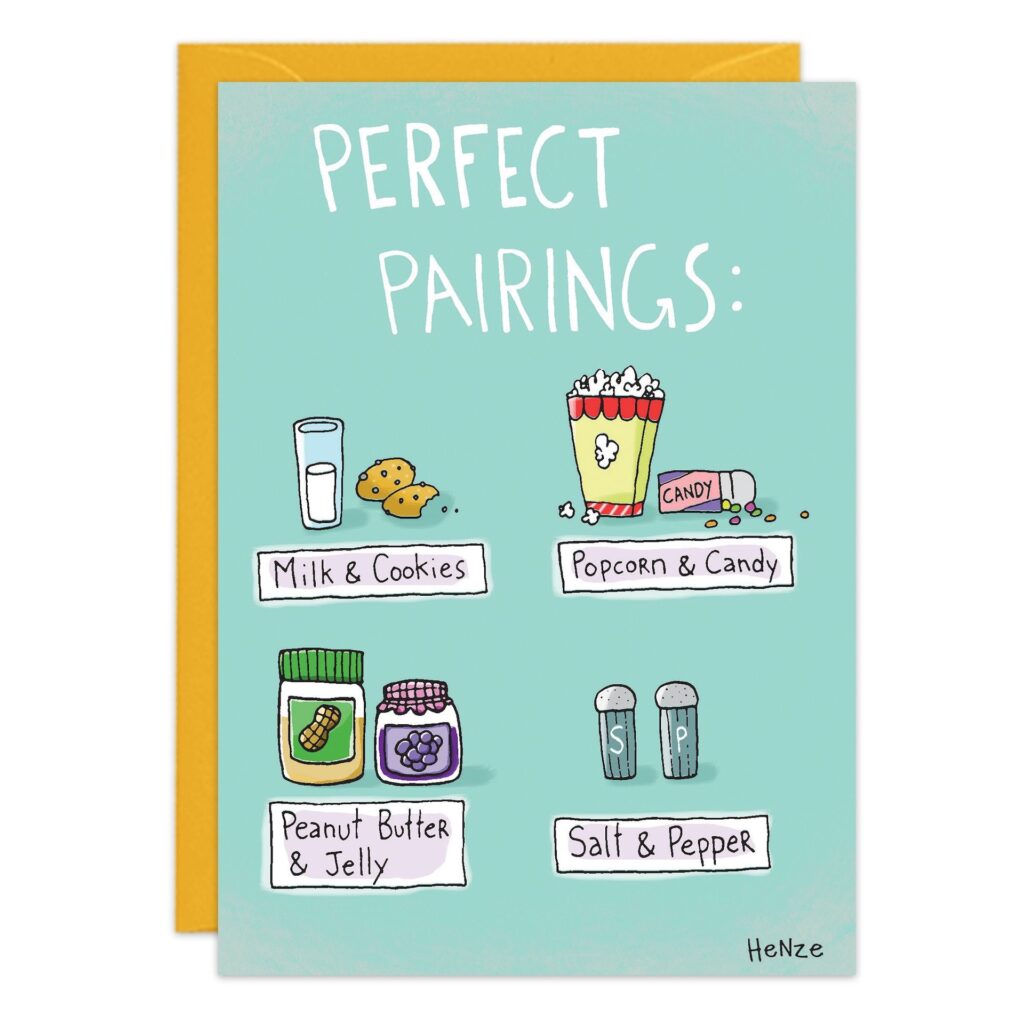 The 9258.jpg Anniversary Card features cute milk & cookies, popcorn & candy, PB & jelly, and salt & pepper illustrations on light blue, and comes with a matching yellow envelope.