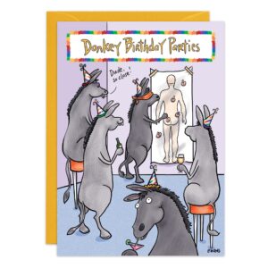 Donkeys in party hats play pin the tail on the human at a birthday, drinks in hoof. One says, “Dude… so close!” The colorful birthday card reads, “Donkey Parties.” Product Name: 9267.jpg.