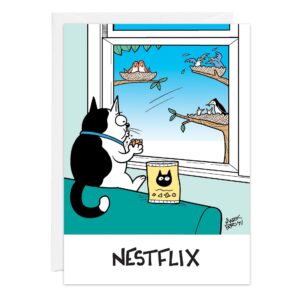 A cartoon cat on a couch munches popcorn and watches bird nests like TV shows. Next to it is a cat-faced popcorn tub. Caption: NESTFLIX—9272.jpg, a purrfectly quirky birthday card for feline fans!.