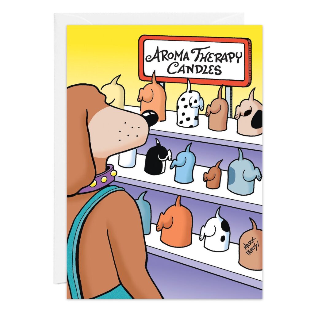A cartoon dog stands before a display labeled "Aromatherapy Candles," featuring candles shaped like dog rear ends. The curious pup, depicted in 9276.jpg, makes this scene ideal for a quirky birthday card.