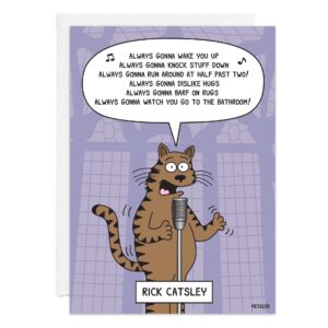 9290.jpg features Rick Catsely, a cartoon cat at a microphone singing a cat-themed parody of Never Gonna Give You Up. The birthday card has a purple background with faint window shadows, adding a fun and playful touch.