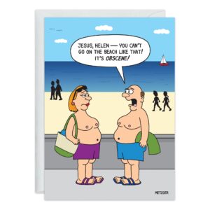 Cartoon birthday card (9316.jpg) features a man and woman in swimsuits at the beach. He exclaims, "Jesus, Helen — you can’t go on the beach like that! It's obscene!" Perfect for anyone who enjoys seaside humor and funny, cheeky cards.