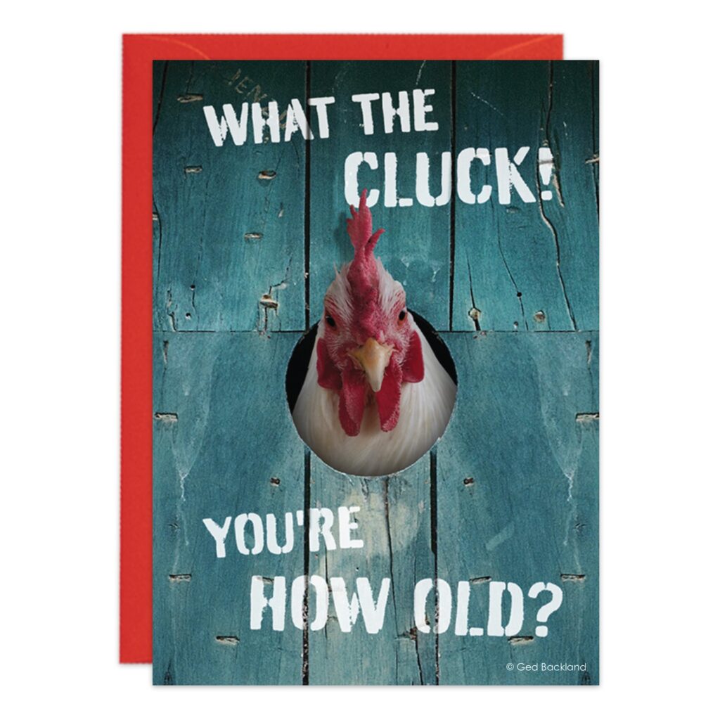 The 9321.jpg Birthday Card shows a chicken poking through blue planks with "What the cluck! You’re how old?" in white text, and comes with a red envelope in the background.