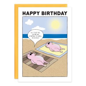 The 9322.jpg card shows two pigs sunbathing on a beach. One asks, “Is it just me, or are we starting to smell delicious?” A bright blue sky and “HAPPY BIRTHDAY” text create a fun birthday scene.