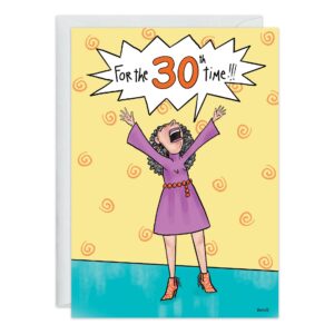 A cartoon woman in a purple dress and red boots throws her arms up, yelling "For the 30th time!!!" on a bright yellow card with orange swirls. Fun 30th birthday card design. Product Name: 9325.jpg.