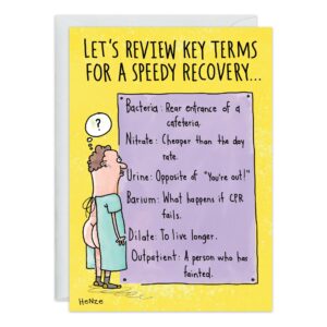 The 9334.jpg Get Well Card features a patient in a hospital gown reading a sign with funny medical definitions for terms like bacteria, nitrate, urine, barium, dilate, and outpatient for a lighthearted recovery message.