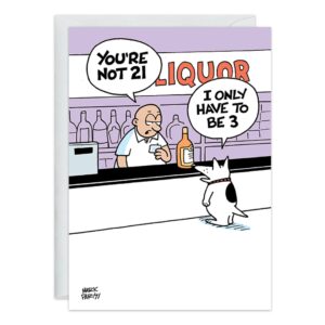 9347.jpg: This funny birthday card shows a bartender telling a dog, “You’re not 21,” and the dog replies, “I only have to be 3 in dog years!” A LIQUOR sign and bottles set the scene for a humorous 21st birthday.
