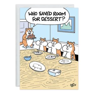 A cartoon on 9350.jpg features four stuffed chipmunks at a table of empty plates as another brings in a pie asking, “Who saved room for dessert?”—great for a playful greeting or birthday card.