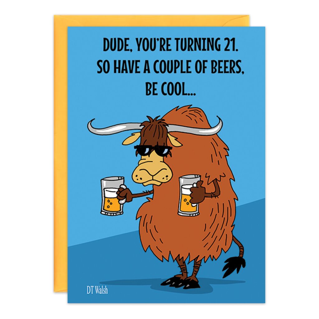 9354.jpg features a cartoon buffalo in sunglasses holding two beers on a blue background, with the text "Dude, you’re turning 21. So have a couple of beers, be cool..." and includes an orange envelope.
