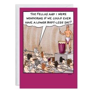 Cartoon of a man with a drum talking to mostly mermaids says, “The fellas and I were wondering if we could ever have a Leg Day?” Funny birthday card featuring fish-tailed mermaids. Product: 9355.jpg.