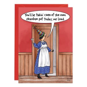 The 9356.jpg birthday card shows a woman in a blue dress and party hat holding a drink by a door, saying, "You’ll be takin’ care of yer own chamber pot today, me Lord," on a red background with wood paneling.