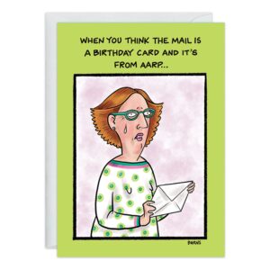 A cartoon woman in glasses and a polka-dot shirt looks shocked while holding an envelope. The card, 9359.jpg, reads: When you think the mail is a 50th birthday card and it’s from AARP...