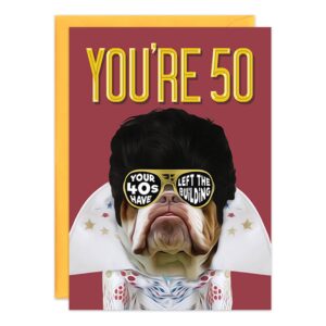 9366.jpg is a 50th Birthday Card with a cartoon bulldog dressed as Elvis Presley. Its sunglasses say "Your 40s have left the building," with bold yellow "You're 50" text above, and it comes with an orange envelope.
