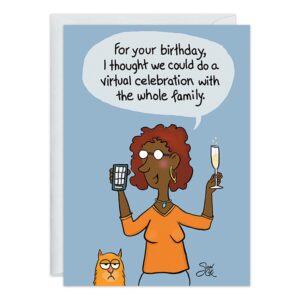 Illustration (9368.jpg) of a woman with a cat, holding champagne and a phone. A speech bubble says, “Let’s have a virtual family birthday celebration”—ideal for a Relative Birthday Card.