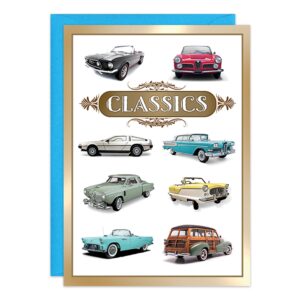 The 9369.jpg Birthday Card displays eight vintage classic cars in various colors and designs around the word "CLASSICS" in a gold frame, paired with a blue envelope.