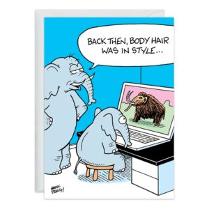 9378.jpg: Cartoon Birthday card shows two elephants viewing a mammoth on a computer. One says, "Back then, body hair was in style..."—a humorous take on body hair trends!.