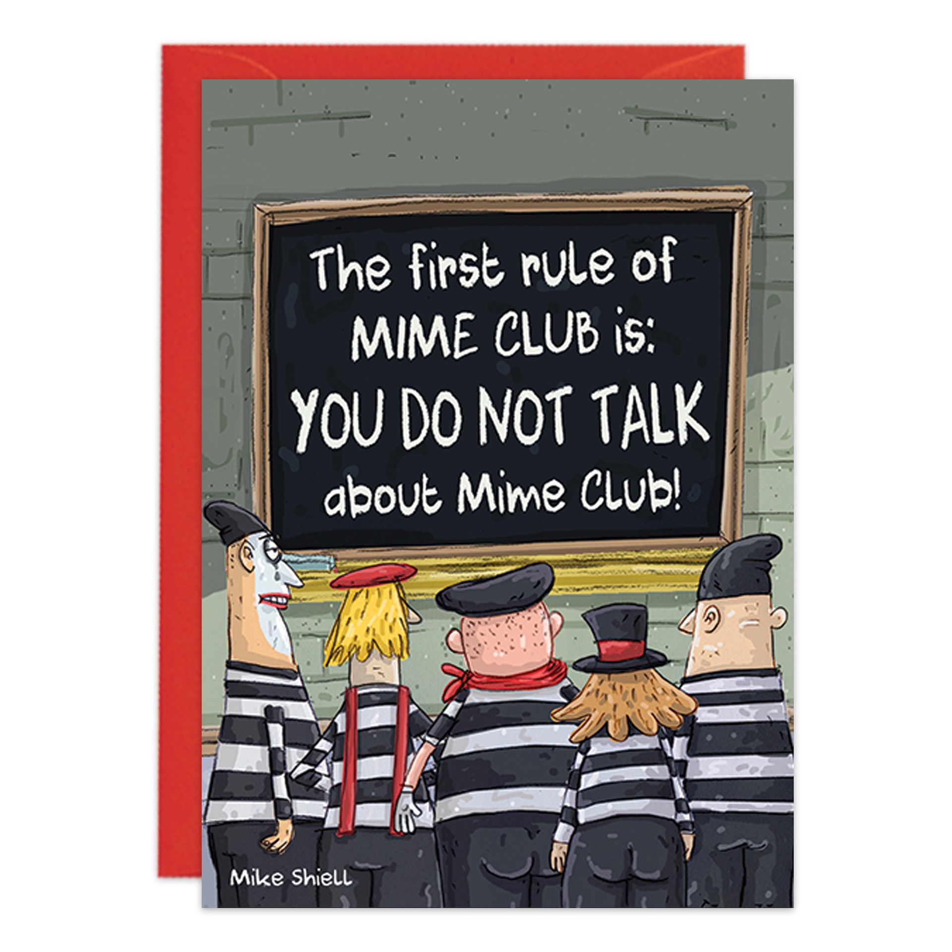 Birthday Card 9381.jpg shows five mimes in striped shirts and berets facing a blackboard with "The first rule of MIME CLUB is: YOU DO NOT TALK about Mime Club!" A red envelope is behind the card.