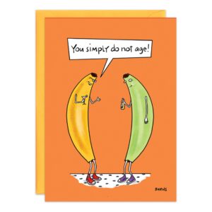 A cartoon birthday card (9383.jpg) features two bananas with human traits—both in sneakers, holding drinks. One says, "You simply do not age!" They stand on a dotted surface against an orange background.