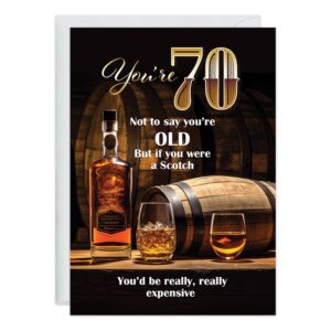 The 9389.jpg 70th Birthday Card shows a bottle and two whiskey glasses by a barrel, with the text: "You're 70. Not to say you’re old but if you were a Scotch you’d be really, really expensive.
