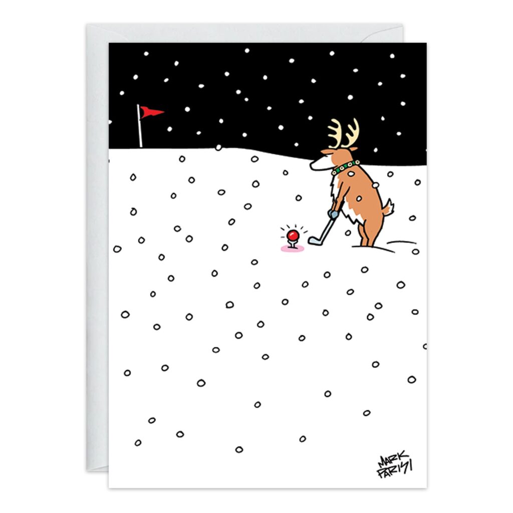 On a snowy Reindeer Golf course under a starry sky, a cartoon reindeer in a collar holds a golf club, ready to hit a red ornament towards the flag—festive holiday art featured in 9391.jpg, great for Christmas cards.