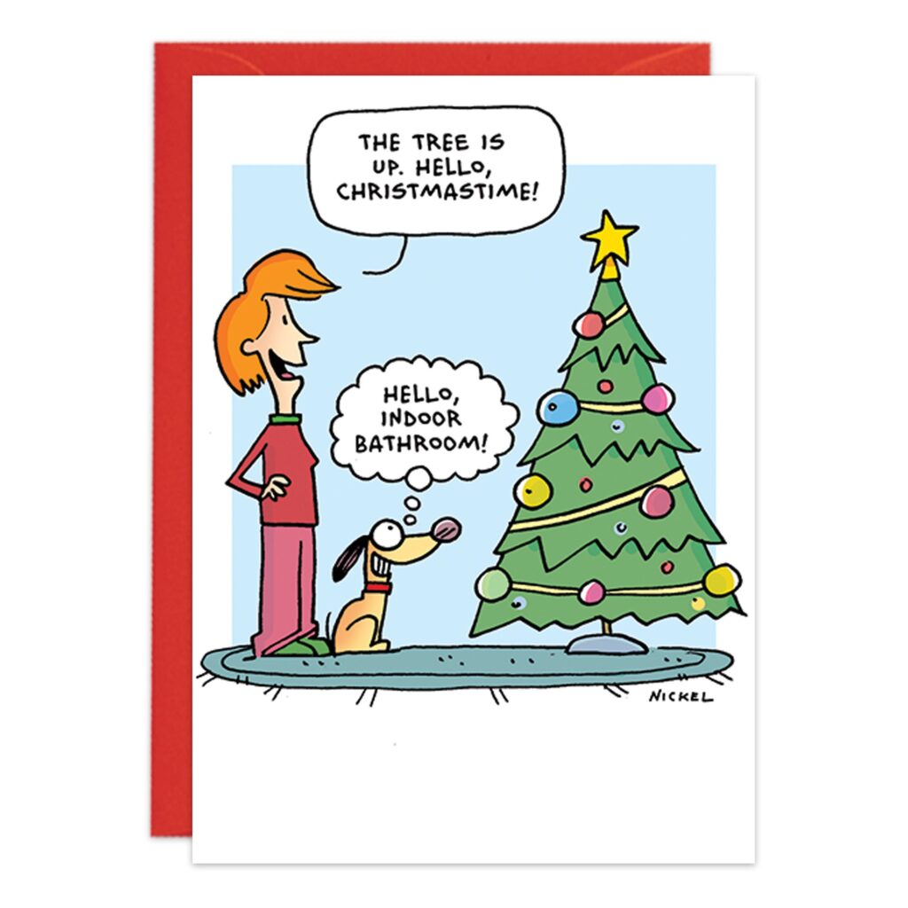 The image 9392.jpg is a cartoon ideal for Christmas cards, featuring a person and dog by a decorated tree. The person says, "The tree is up. Hello, Christmastime!" while the dog thinks, "Hello, indoor bathroom!.