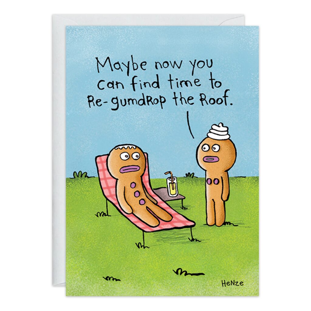On 9394.jpg, two gingerbread people are in a yard—one lounging with a drink, the other talking. Caption: Maybe now you can find time to re-gumdrop the roof. A fun choice for a retirement card!.