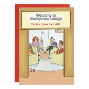 A cartoon birthday card (9395.jpg) shows four women in armchairs fanning themselves under a "Welcome to Menopause Lounge—Enter at your own risk" sign, with a red envelope included.
