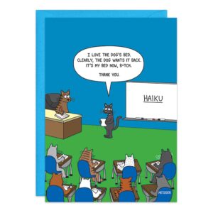 A classroom of cartoon cats, one at the front reads a haiku titled "My Bed B*tch" about taking the dog's bed; others sit at desks. "HAIKU BIRTHDAY CARD" is on the whiteboard. Product: 9409.jpg.
