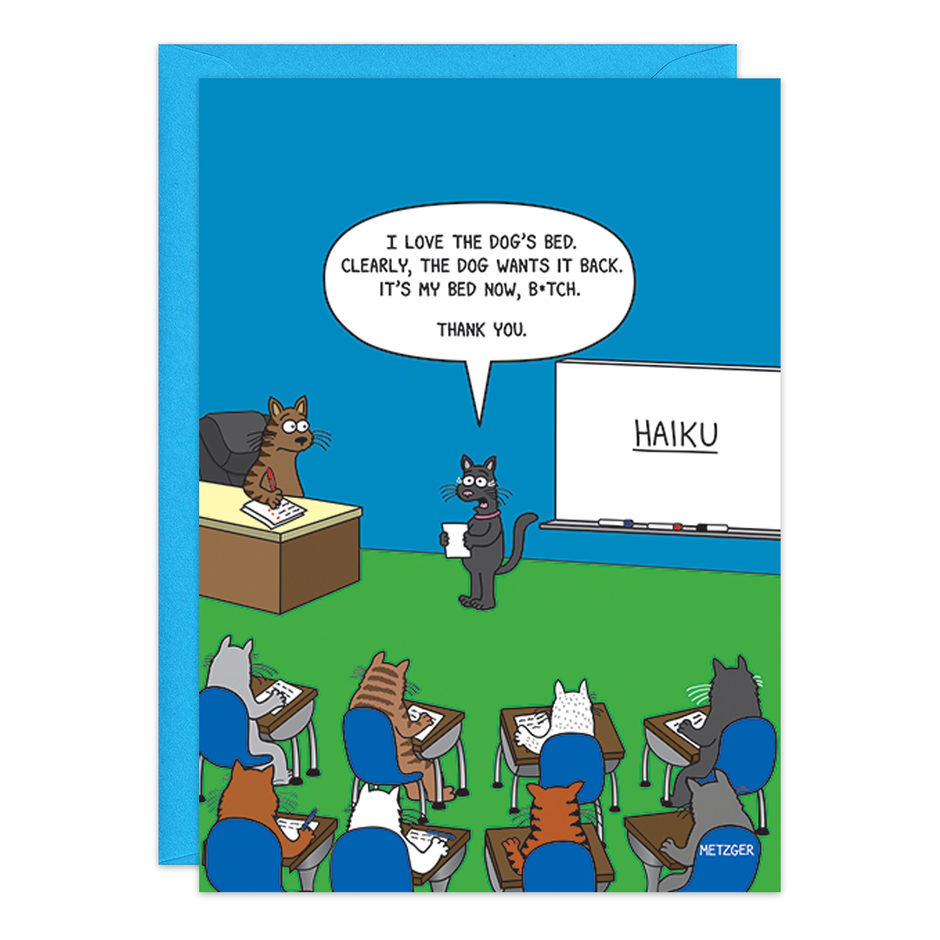 A classroom of cartoon cats, one at the front reads a haiku titled "My Bed B*tch" about taking the dog's bed; others sit at desks. "HAIKU BIRTHDAY CARD" is on the whiteboard. Product: 9409.jpg.