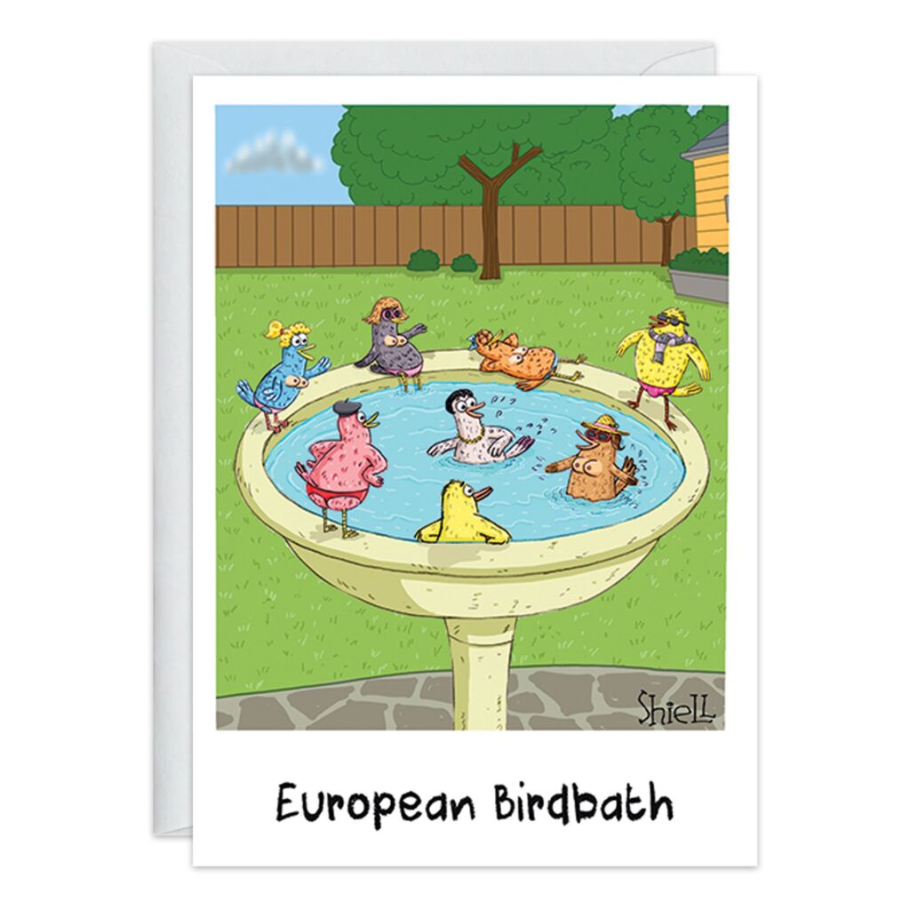 Nine brightly dressed birds relax in a large birdbath, mimicking people at a spa. Captioned "European Birdbath," this cheerful design is perfect for a fun birthday card. Product: 9411.jpg.