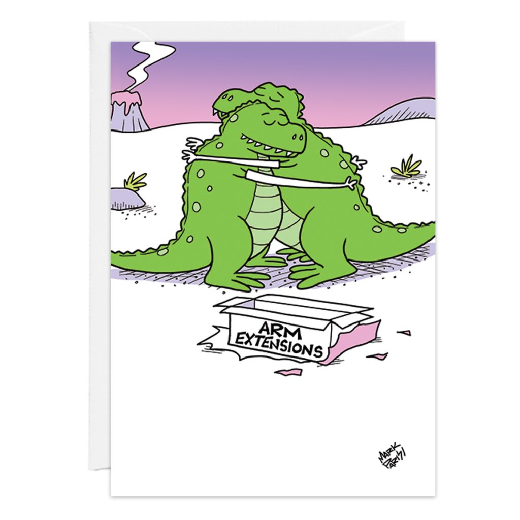 In cartoonish "9419.jpg," two green dinosaurs with short arms hug in a desert, a box marked Arm Extensions humorously nearby. A volcano and sparse plants complete this playful scene—perfect for a fun birthday card.