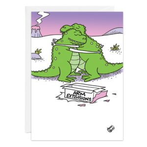Two green dinosaurs with short arms hug near an empty box labeled ARM EXTENSIONS in a prehistoric scene with a volcano. Perfect quirky birthday card (Product: 9419.jpg).