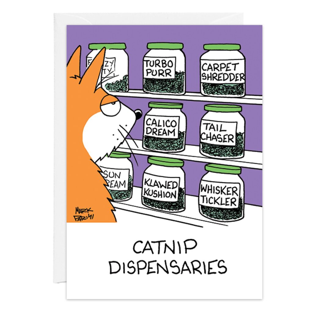The image "9420.jpg" shows a cartoon cat eyeing shelves of jars with funny catnip strain names like Turbo Purr and Whisker Tickler. Ideal for a birthday card, this Catnip Dispensaries scene will charm any cat lover.