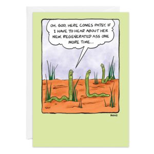 Cartoon for 9422.jpg: In a field, one snake says, "Oh God, here comes Patsy. If I have to hear about her new, regenerated ass one more time..." Two other snakes watch as Patsy approaches. Perfect for a Here Comes Patsy Birthday Card!.