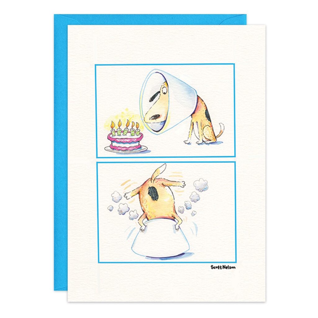 The 9428.jpg birthday card features a two-panel cartoon: first, a sad dog in a cone of shame eyeing a cake; next, the dog eagerly trying to remove the cone.