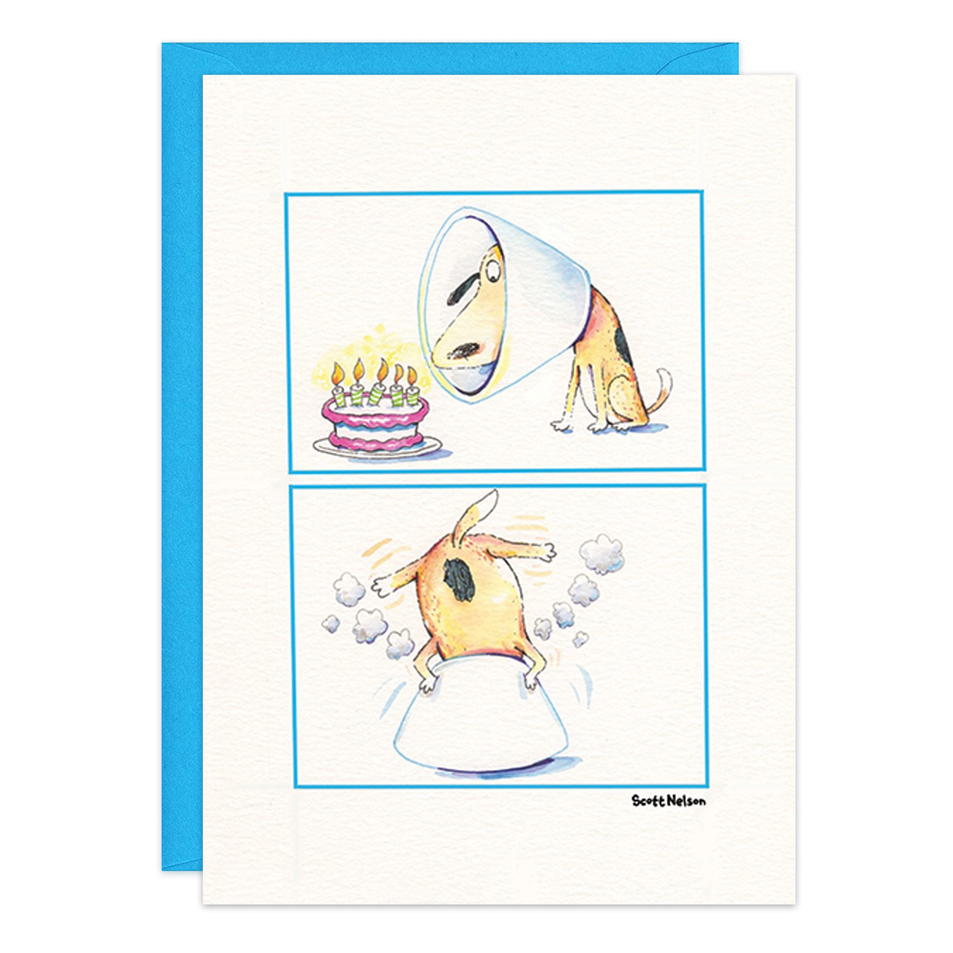 A cartoon dog in a Dog Cone of Shame gazes at a birthday cake in the top panel. Below, the pup tugs at its cone. A blue envelope sits behind 9428.jpg, adding a playful touch to this birthday card.