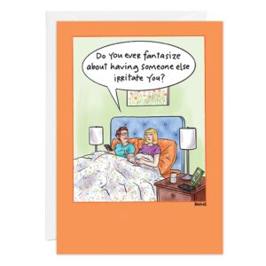 9429.jpg: Cartoon of a couple in bed—one reading, the other asks, "Do you ever fantasize about having someone else irritate you?" Cozy and funny scene with lamps and nightstands, ideal for a humorous birthday card.