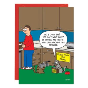 A cartoon on 9436.jpg Birthday Card shows a man in the kitchen with two cats. One cat stands at a "More Food for Eddie" podium, launching his food campaign into a microphone as the man looks puzzled.