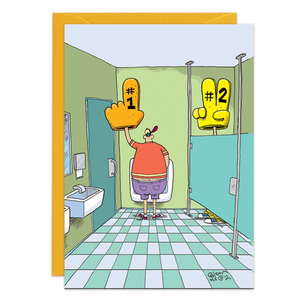A man at a urinal holds a giant foam hand labeled #1, while another foam hand labeled #2 peeks from the next stall. This funny cartoon, featured on 9440.jpg, is ideal for a quirky birthday card or Happy Birthday greeting.