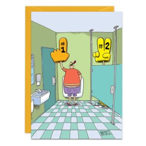 The #1 Birthday Card (9440.jpg) features a cartoon of a man at a urinal with a giant foam #1 hand, as a foam #2 hand peeks from the stall—ideal for anyone who enjoys clever restroom humor on their birthday!.
