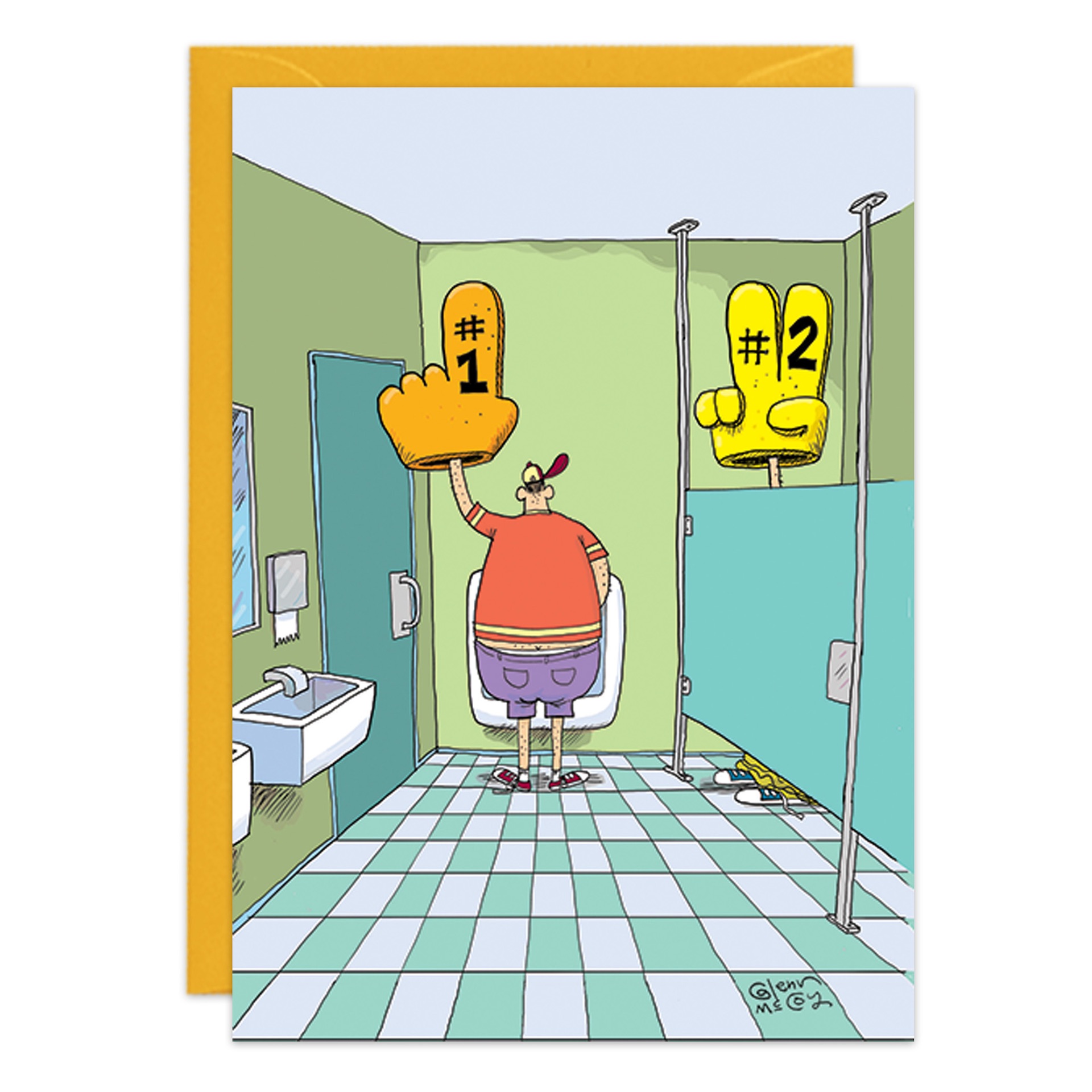 The #1 Birthday Card (9440.jpg) features a cartoon of a man at a urinal with a giant foam #1 hand, as a foam #2 hand peeks from the stall—ideal for anyone who enjoys clever restroom humor on their birthday!.