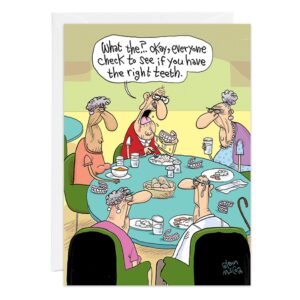 The Teeth Birthday Card (9442.jpg) features five elderly people surprised around a food table as one says, “What the..? Okay, everyone check to see if you have the right teeth,” with dentures scattered on the table.