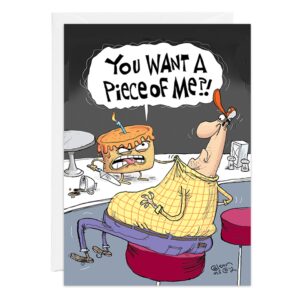 The 9443.jpg birthday card features a startled man at a counter as an angry slice of cake yells, “YOU WANT A PIECE OF ME?!”—a hilarious pick for fans of comic, exaggerated humor.