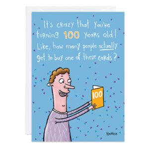 Illustration of a smiling person holding a card with “100” on the cover. Text: It’s crazy you’re turning 100! How many people get to buy a 100th birthday card like this? Product name: 9444.jpg.